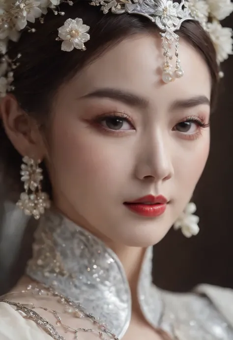 (Best quality,4K,8K,A high resolution,Masterpiece:1.2),Ultra-detailed,(wide wide shot)Wedding photo of a Japanese female robot in the mid-twenties，Made of shiny white and silver translucent glass and plastic, geisha makeup and hairstyle, Silver metal inter...