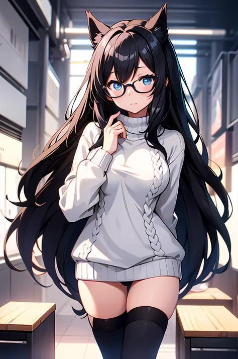 anime - style image of a woman in a FULL WHITE turtleneck sweater outfit, blue perfect eyes, black cat ears, black hair, black messy hair, long black flowing hair, anime girl wearing a FULL WHITE turtleneck sweater, anime moe artstyle, seductive anime girl...