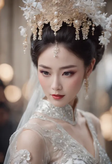 (Best quality,4K,8K,A high resolution,Masterpiece:1.2),Ultra-detailed,(wide wide shot)Wedding photo of a Japanese female robot in the mid-twenties，Made of shiny white and silver translucent glass and plastic, geisha makeup and hairstyle, Silver metal inter...