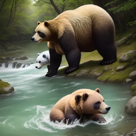 "Por favor, crie uma imagem que retrate a diversidade e a majestade dos ursos na natureza. Highlight different species of bears, como o urso-pardo e o panda, in a setting that represents your natural habitat. Convey the agility of bears by showing one of t...