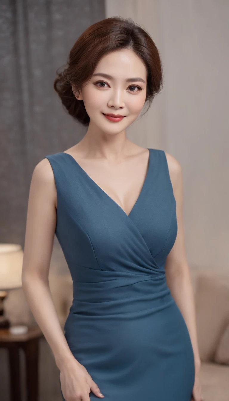 A middle-aged woman who is intellectually and beautiful in China, Around 50 years old, Slightly plump, Wangfu shape, Tall, Round and plump, With a happy smile, The highest image quality, Ultra-high definition, Ultra-high resolution, Top image quality, Perf...