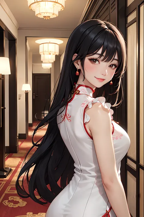 /(luxury hotel hallway/), 1lady (looking back from behind), mature female, /(cheongsam/), /(black hair/) bangs, blush kind smile, (masterpiece best quality:1.2) ultra-detailed