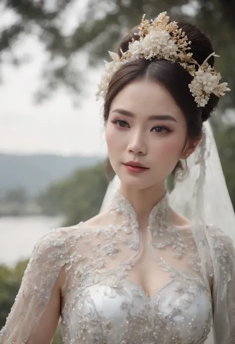 (Best quality,4K,8K,A high resolution,Masterpiece:1.2),Ultra-detailed,(wide wide shot)Wedding photo of a Japanese female robot in the mid-twenties，Made of shiny white and silver translucent glass and plastic, geisha makeup and hairstyle, Silver metal inter...