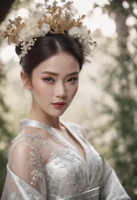 (Best quality,4K,8K,A high resolution,Masterpiece:1.2),Ultra-detailed,(wide wide shot)Wedding photo of a Japanese female robot in the mid-twenties，Made of shiny white and silver translucent glass and plastic, geisha makeup and hairstyle, Silver metal inter...