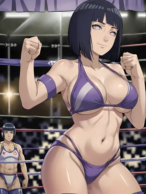 (hinata(boruto), (female wrestler), (slender body), mature woman, milf, (bikini, wrestling gear) victorious, gorgeous, winner, kind face, smile, closed mouth, pale skin, (dark blue hair color:1.1), wavy hair, ((short hair, hime cut), big breasts, (only one...