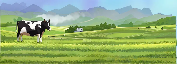 there was a cow standing in the grass, landscape illustration, anime countryside landscape, grass mountain landscape, natural la...