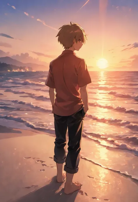 ((1boy watching sunset on quiet sands on shallow seaside beach、male tall handsome muscular wearing black pants and a loose white casual shirt and watching the sunset、Sunset seen from between the shadows of the 1boy、Big sun setting on the horizon、The sunset...