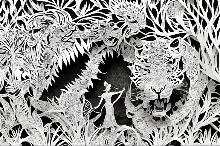 mdjrny-pprct, a woman and a tiger, great artwork, highly detailed, best quality, award-winning paper cutting work