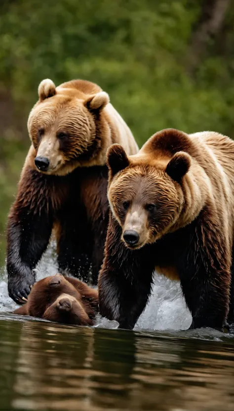 "Por favor, crie uma imagem que retrate a diversidade e a majestade dos ursos na natureza. Highlight different species of bears, como o urso panda, in a setting that represents your natural habitat. Convey the agility of bears by showing one of them swimmi...