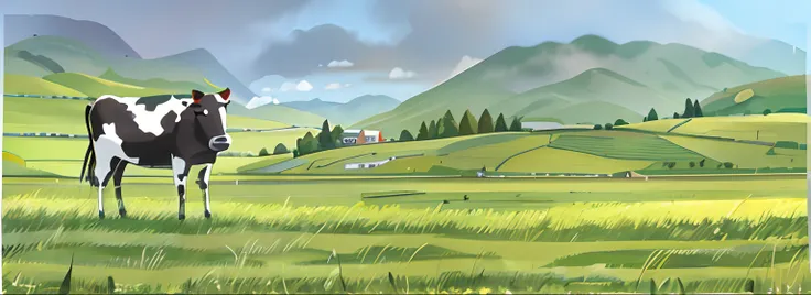 there was a cow standing in the grass, landscape illustration, anime countryside landscape, grass mountain landscape, natural la...