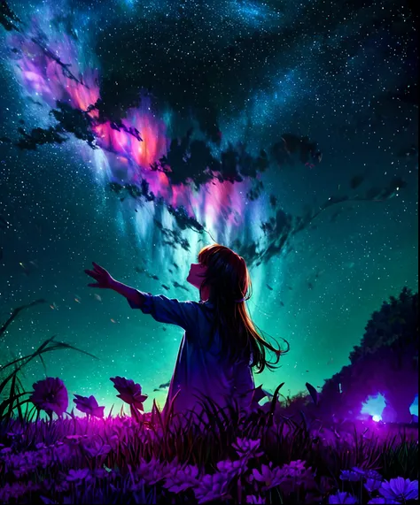 Describe a scene where a cute girl character is lying on a grassy hill, Looking up at the starry sky. Surround her with colorful nebulae and her favorite constellations.