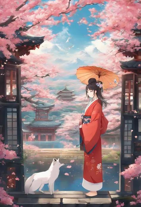 (best quality,4k,8k,highres,masterpiece:1.2),ultra-detailed,realistic,un poco surrealista:1.37,a girl-fox walking,beautiful detailed eyes,beautiful detailed lips,extremely detailed face,long eyelashes,1girl,traditional japanese temple,full of cherry blosso...