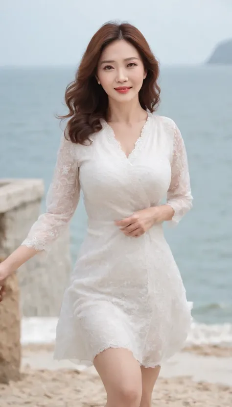 Chinese intellectually beautiful middle-aged woman, Around 50 years old, Slightly plump, huge boob, Tall, Round and plump, With a happy smile, The highest image quality, Ultra-high definition, Ultra-high resolution, Top image quality, Perfect details, Life...