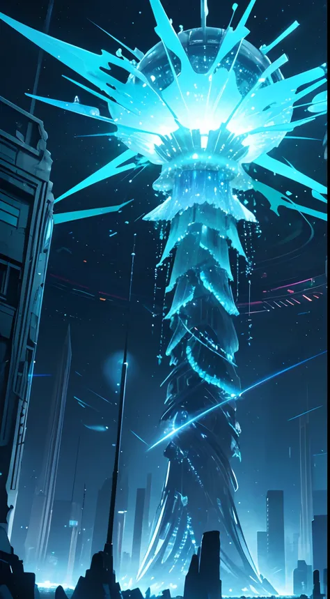 A luminous jellyfish-like creature, constructed entirely of diaphanous glass shards, hovers above a desolate moonlit landscape. Its body emits a pulsating iridescent glow, illuminating ancient ruins below. In the distance, towering crystal spires pierce th...