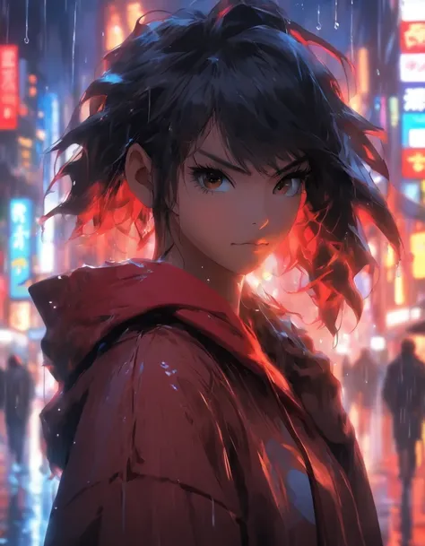 one young woman，Asian people，Black color hair，with brown eye，Wear a red hoodie, On the streets soaked with rain at night