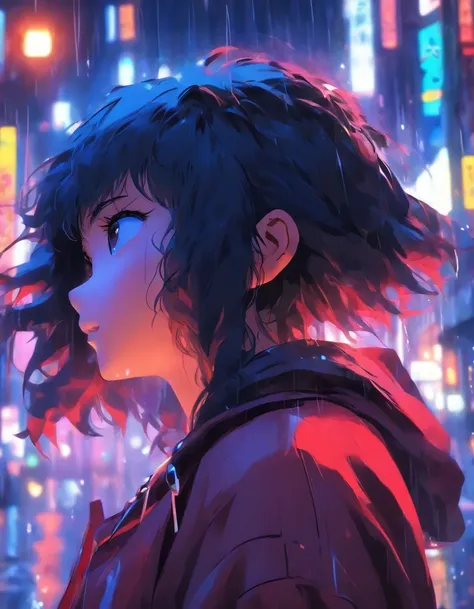 one young woman，Asian people，Black color hair，with brown eye，Wear a red hoodie, On the streets soaked with rain at night