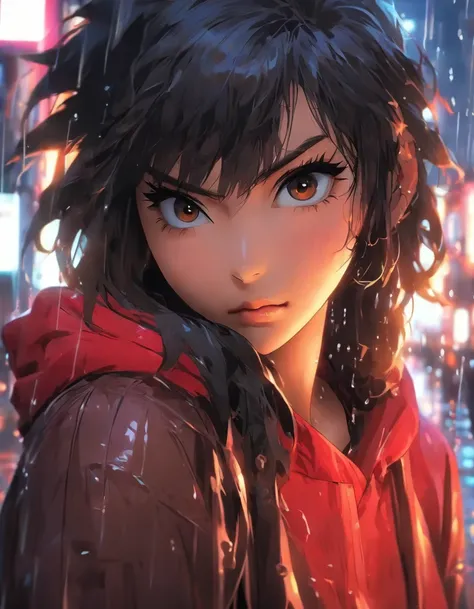 one young woman，Asian people，Black color hair，with brown eye，Wear a red hoodie, On the streets soaked with rain at night