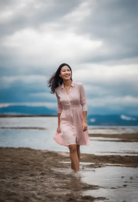 An Asian beautiful woman in pink latex shiny rain boots stepping on water playing in the river，Part of the rain boots close-up，Get wet，Short white dress，Clear river water，There are pebbles in the water，Happy expression，Laughed，with blue sky and white cloud...