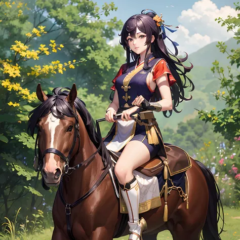 Girl of Asian appearance, with long dark hair, He sits on horseback in a national costume