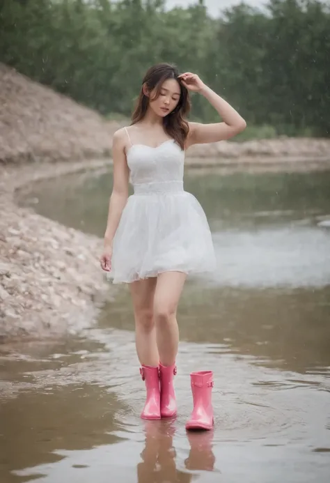 An Asian beautiful woman in pink latex shiny rain boots stepping on water playing in the river，Part of the rain boots close-up，Get wet，Short white dress，Clear river water，There are pebbles in the water，Happy expression，Laughed，with blue sky and white cloud...