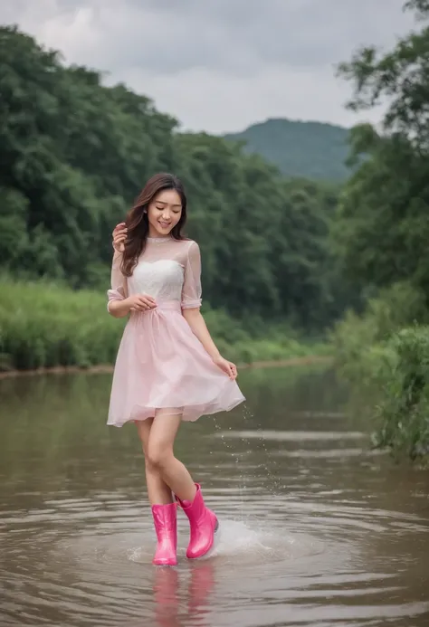 An Asian beautiful woman in pink latex shiny rain boots stepping on water playing in the river，Part of the rain boots close-up，Get wet，Short white dress，Clear river water，There are pebbles in the water，Happy expression，Laughed，with blue sky and white cloud...