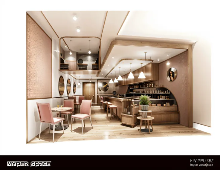 , masterpiece, coffee space, interior design, coffe space,, ((hyper detail :1.3))), cafe interior space with many tables and cha...