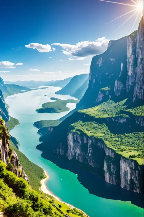 Masterpiece, ultimate quality, Cg unity 8k wallpaper, super delicate, beautiful sky and clouds, rich natural scenery, cliffs, lakes and rivers, waterfalls and flying water, beautiful green mountains, no trace of people, excellent scenery, has already won a...