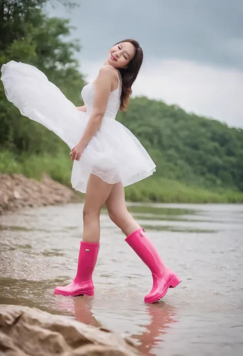 An Asian beautiful woman in pink latex shiny rain boots stepping on water playing in the river，Part of the rain boots close-up，Get wet，Short white dress，Clear river water，There are pebbles in the water，Happy expression，Laughed，with blue sky and white cloud...