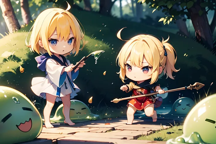 group shot, (3 Chibi SD girls:1.2, wearing fooded robes with delicate accessories), (chibi, trio:1.2), fighting to cute slimes, bravely, with using wood sticks, ((hitting the slime with a wood bar:1.2)), (super high resolution, 8K RAW photo, photo realisti...