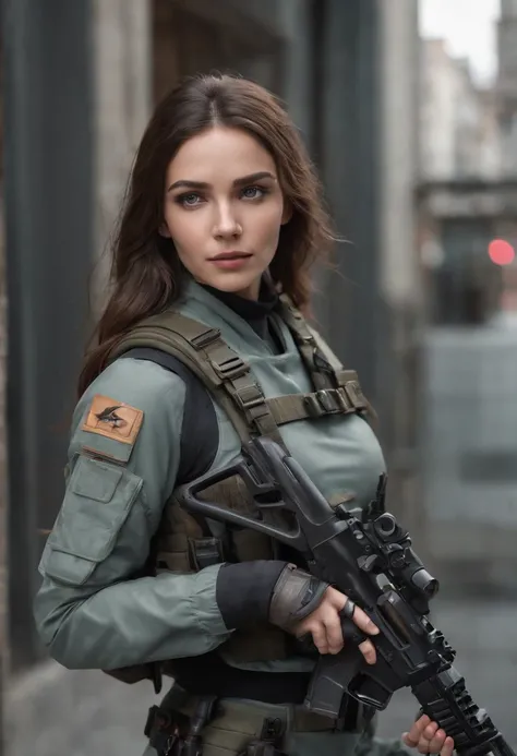 Masterpiece,(best qualtiy),highly  detailed,Ultra-detailed,1 mechanical female soldier, solo person, full bodyesbian，（Machine-made joints：1.5），(tactical gear:1.2), (Blue eyes), (Serious expression), (Gun:1.5), (during night:0.7), (urban surroundings), (Dyn...