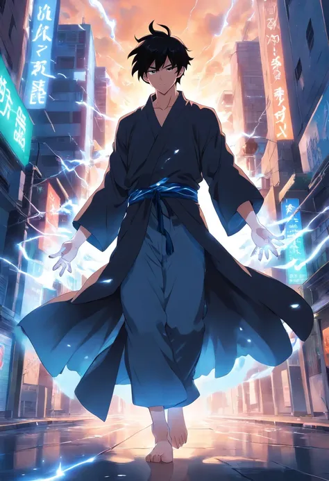 Black-haired man Ultra Instinct White Aura Black robe Releasing Power Background The city crashed.