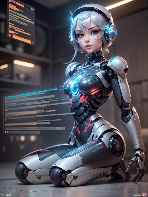 (tmasterpiece, high resolution), (((full body seamless robot enhanced female,delicate face.the skin blends perfectly with the me...