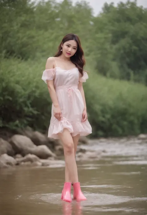 An Asian beautiful woman in pink latex shiny rain boots stepping on water playing in the river，Part of the rain boots close-up，Get wet，Short white dress，Clear river water，There are pebbles in the water，Happy expression，Laughed，with blue sky and white cloud...