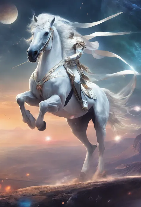 A white horse, Its riders wield bows, and was awarded the crown; He rides like a winner determined to win, Realistic, 8K