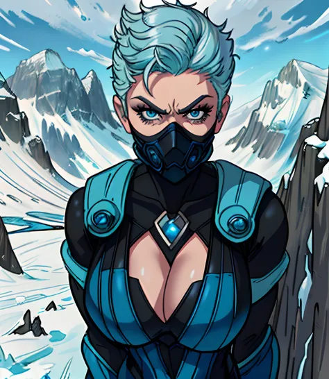 [FROST], ((Masterpiece)), ((High quality art)), ((High definition)), ((solo portrait)), ((beautiful render art)), ((detailed shading)), ((intricate details)), {(Beautiful woman), (pale skin), (cute blue eyes), spiked cyan hair, (mask on face), angry, (slig...