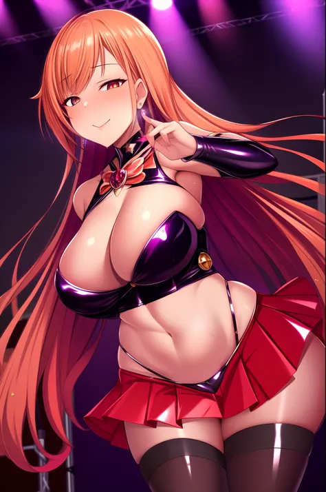 (masterpiece, best quality:1.2), cowboy shot, solo, 1girl, arisugawa natusha, orange hair, long hair, glowing eyes, layered skirt, (dark magical girl), corruption, combatant, pelvic curtain,, looking at viewer, shiny glossy skin, on stage, concert, spotlig...