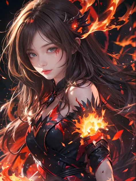 1girl,brunette color hair,red - eyed,Fire Witch,Blood,light particules,llight rays,Wallpapers,hight contrast,Dazzle,