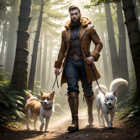 Model DreamShaper Male (( solo)) with a beard , Dressed in a hunters costume, he walks with a dog of the Fox Terrier breed Wire-haired through the forest , The mans boots are visible , The dogs paws and tail are visible , Front light , Very beautiful fores...