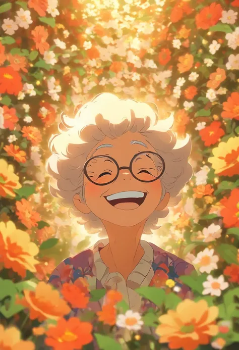 Grandmother with small eyes in the shadow of glasses，Laugh happily，The back is surrounded by many flowers