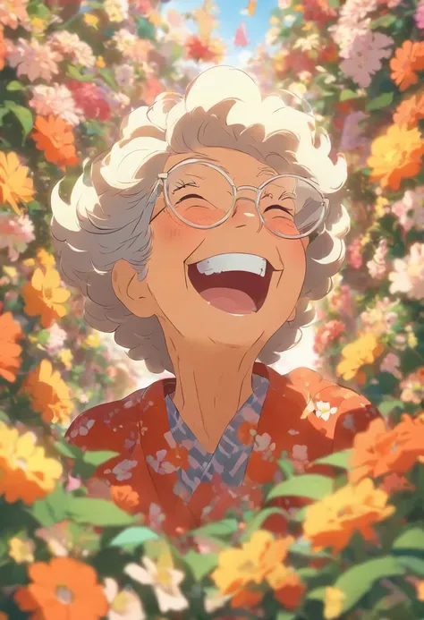 Grandmother with small eyes in the shadow of glasses，Laugh happily，The back is surrounded by many flowers