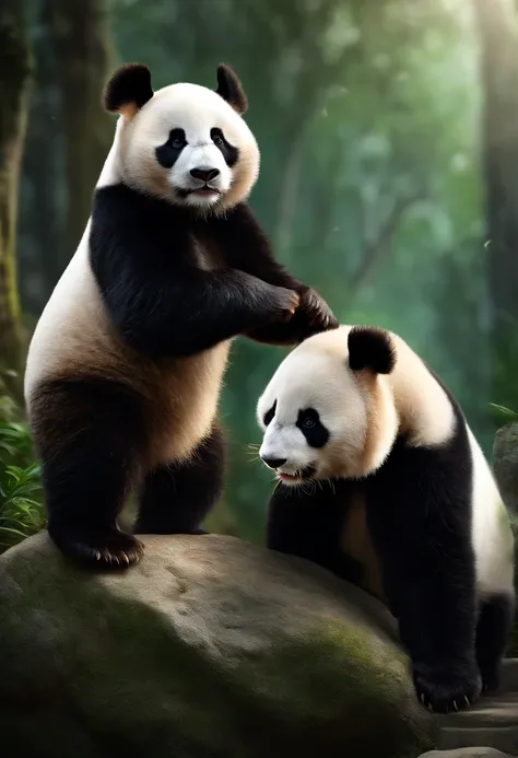 Two pandas fight on stones， Cute panda real top quality, 超A high resolution, (reality: 1.4), 电影灯光, jpn, very very beautiful, Delicate hair, slenderness,(ultra-realistic realism), (A high resolution), (8K), (The is very detailed), ( Best Illustration), (Bea...