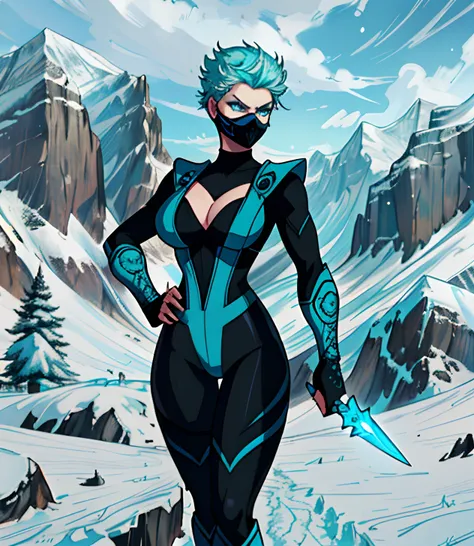 [FROST], ((Masterpiece)), ((High quality art)), ((High definition)), ((solo portrait)), ((full body)), ((beautiful render art)), ((detailed shading)), ((intricate details)), {(Beautiful woman), (pale skin), (cute blue eyes), (spiked cyan ice hair), (mask o...