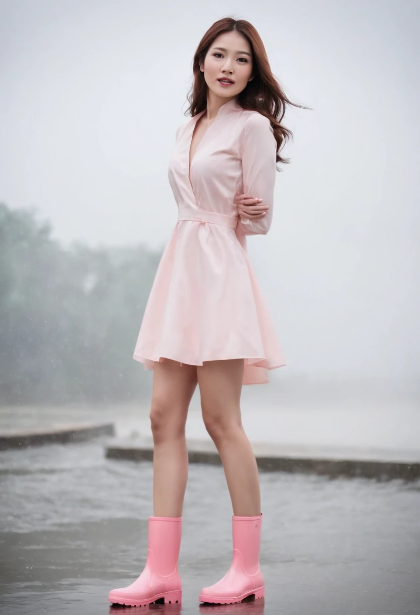 Close up of an Asian beautiful woman wearing pink latex shiny rain boots，Get wet，Short white dress，Laughed，The background is a light-colored interior，light and shadow effect，High-precision details，Full body photo，Authentic photo texture，The picture is clea...