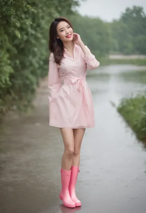 Close up of an Asian beautiful woman wearing pink latex shiny rain boots，Get wet，Short white dress，Laughed，The background is a light-colored interior，light and shadow effect，High-precision details，Full body photo，Authentic photo texture，The picture is clea...