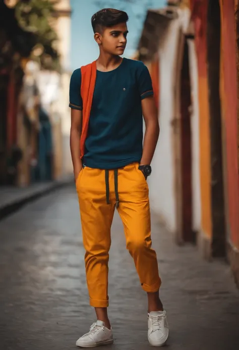 A boy putting his hand in pocket wearing half pant and half t shirt