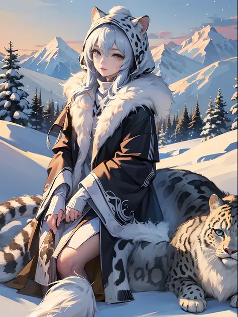 landscape，Towering snow-capped mountains，The wind is cold，snow covered，The snow woman sits on a snow leopard，Walk in the snow