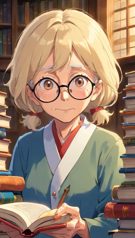 Old woman,55 years old,blond hair, science teacher,wearing teacher uniform,handling a books,with eye glasses.