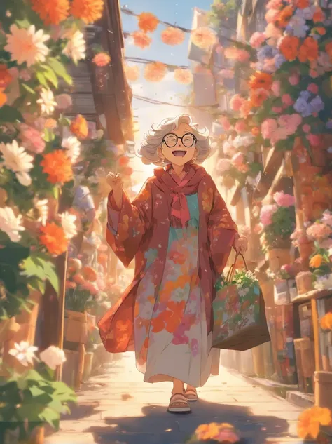 Grandmother with small eyes in the shadow of glasses，Laugh happily，The back is surrounded by many flowers，Walking down the road with shopping bag in hand