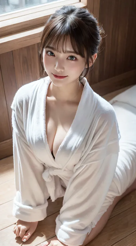 Innocent 20 year old girl、((bath robe, Dramatic poses)),Smile,short-cut、Modern room、Raw photo, (8K、top-quality、​masterpiece:1.2)、(intricate detailes:1.4)、(Photorealsitic:1.4)、octane renderings、Complex 3D rendering ultra detail, Studio Soft Light, Rim Light...