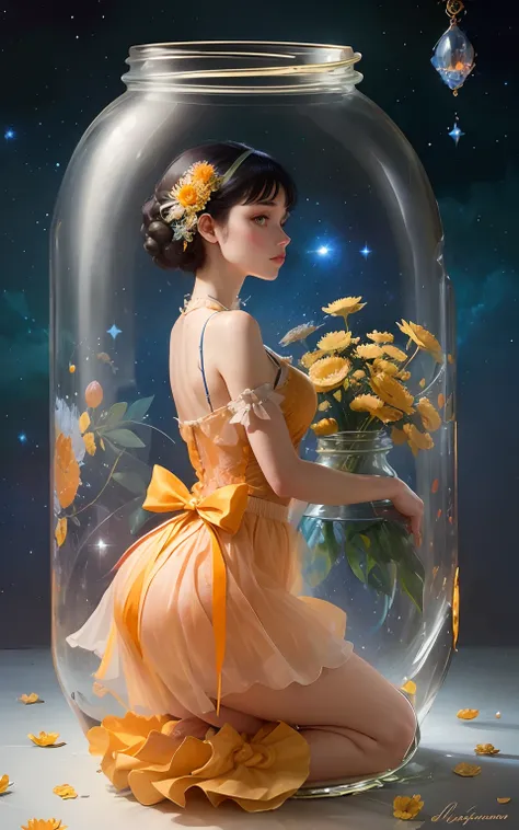 Moon fairy kneeling, quarter moon shining small inside jar, filled with peach isometric shot inside a glass jar looking out, gossamer, short skirt blue, yellow gold red and orange, chrysanthemum, nighttime, stardust. Fairytale, rococopunk, delicate studio ...